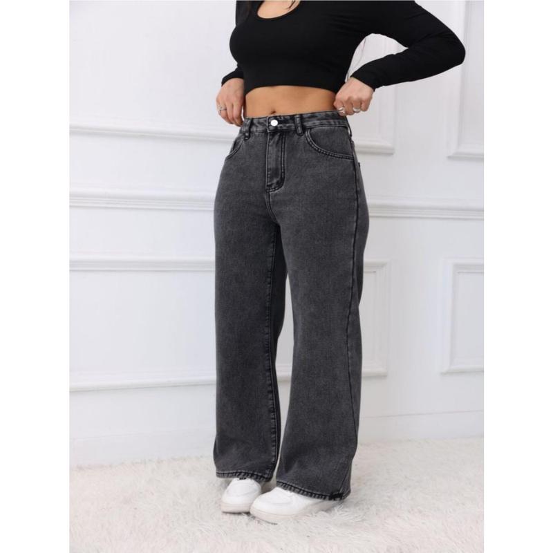 Women's Fleece Jeans, Comfortable Casual Fashion, Super Stretch Embroidered Pocket Classic Button Close, Perfect For Women, Autumn And Winter, Super Stretch Fabric, Embroidered Pocket, Straight Pant Style, Christmas New Year Gift
